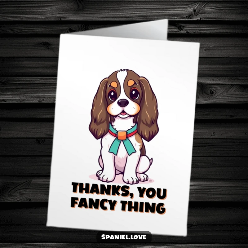 Funny Free Printable Thank You Card: Spaniel with proud stance and a ribbon, a distinguished thank you.