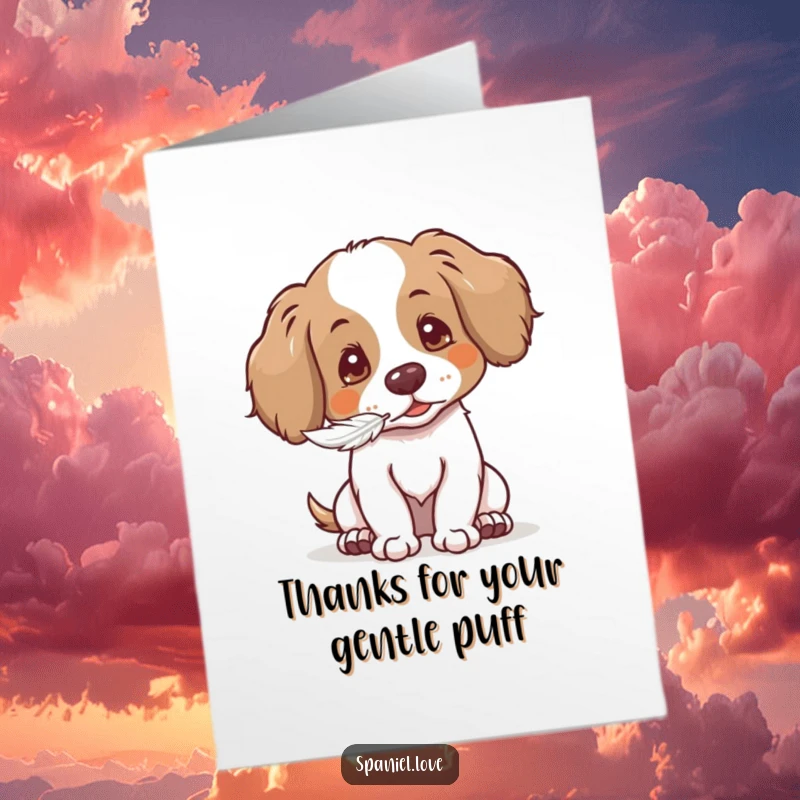 Funny Free Printable Thank You Card: Spaniel dog character gently puffing a light, feathery seed into the air, a sweet download.