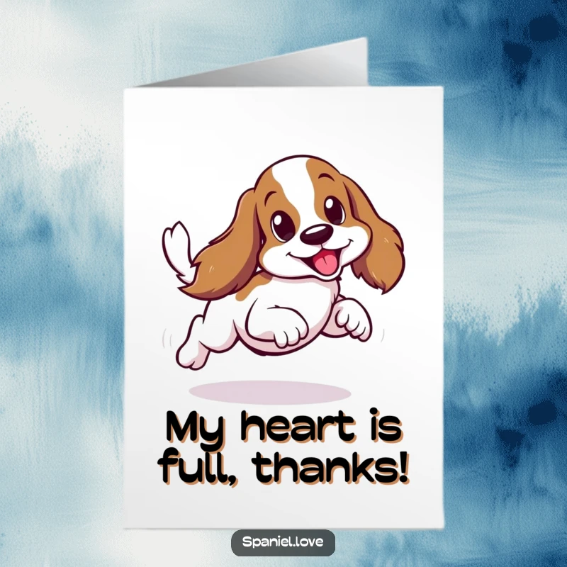 Funny free printable thank you card featuring a spaniel in a comical sideways scurry, tail wagging wildly.