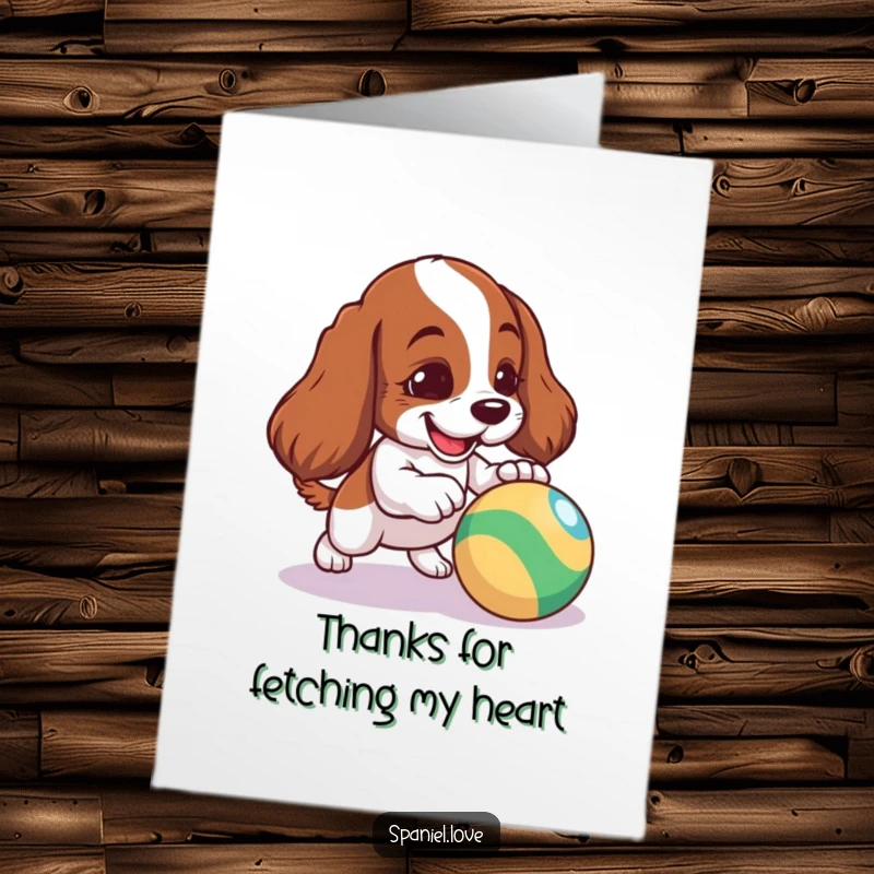 Funny Free Printable Thank You Card: A cute spaniel character with a playful expression nudging a colorful ball.