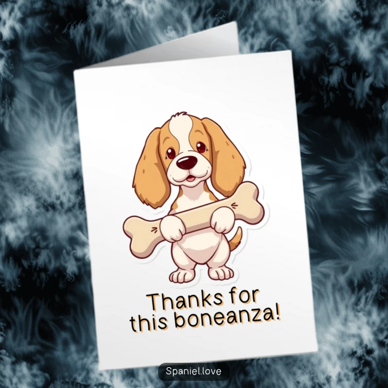 Funny Free Printable Thank You Card: Proud spaniel carrying an impressively oversized bone as a thank you.