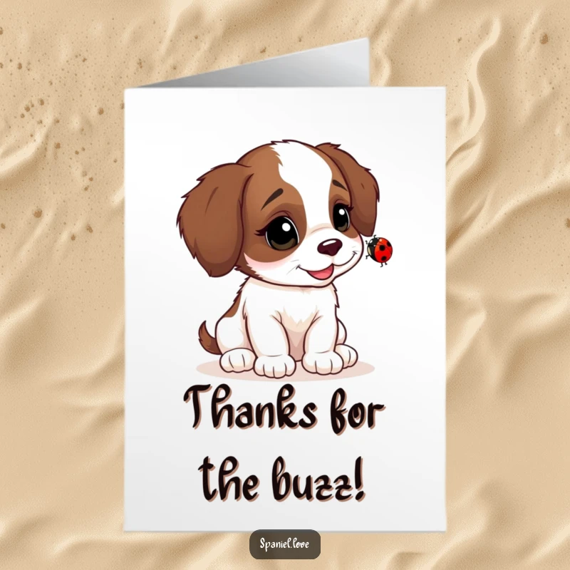 Funny Free Printable Thank You Card: A spaniel cub looks up with curiosity at a small ladybug.