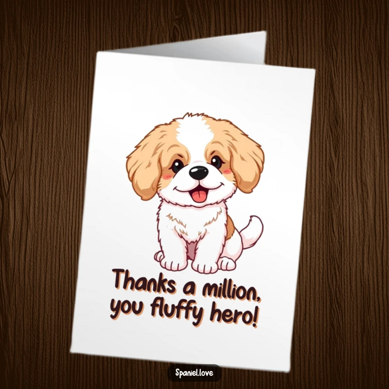 Funny Free Printable Thank You Card: A fluffy spaniel puppy with big ears wags its tail furiously saying thanks.