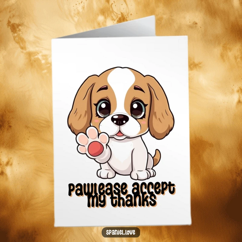 Free Printable Thank You Card: Spaniel character looking adoringly, offering a paw as a token of thanks.