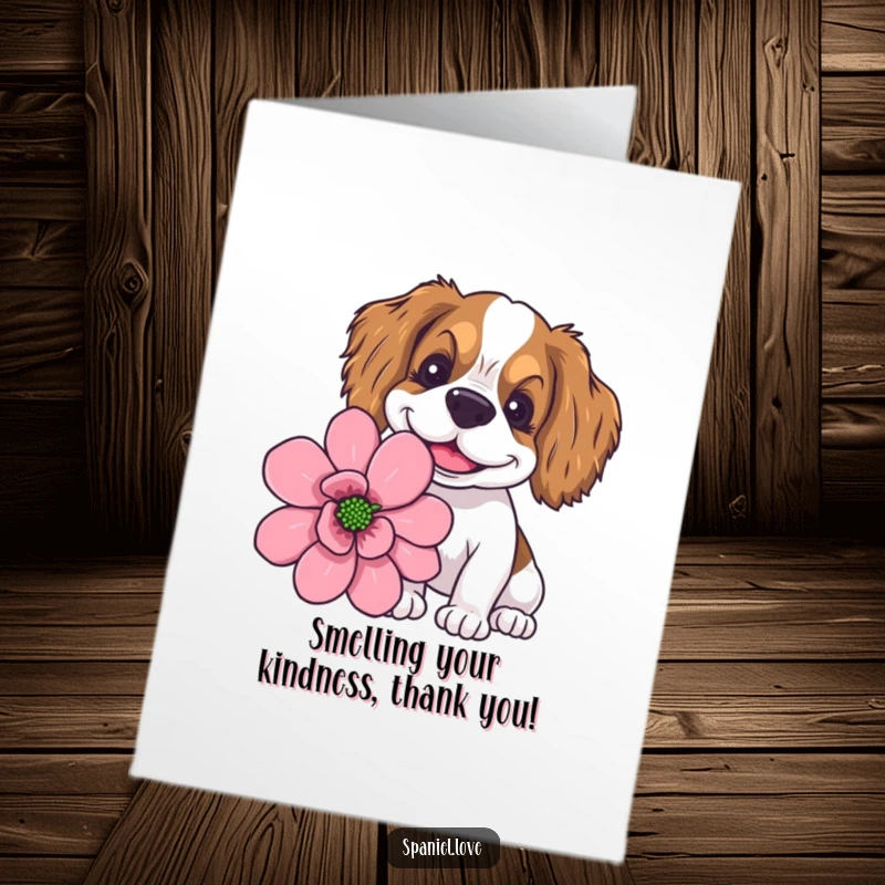 Funny Free Printable Thank You Card: A spaniel with a goofy grin sniffing a huge flower with delight.