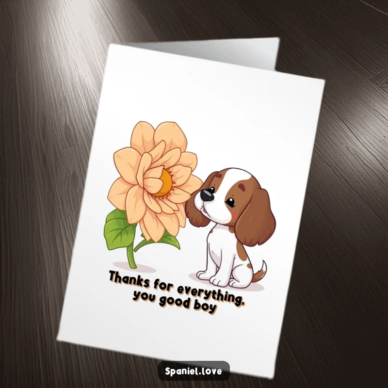 Funny free printable thank you card showing a spaniel curiously sniffing a huge, vibrant flower with a tilted head.