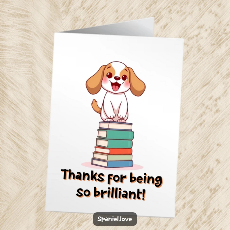 Funny Free Printable Thank You Card: Spaniel balances on books, tail wagging with pure delight.