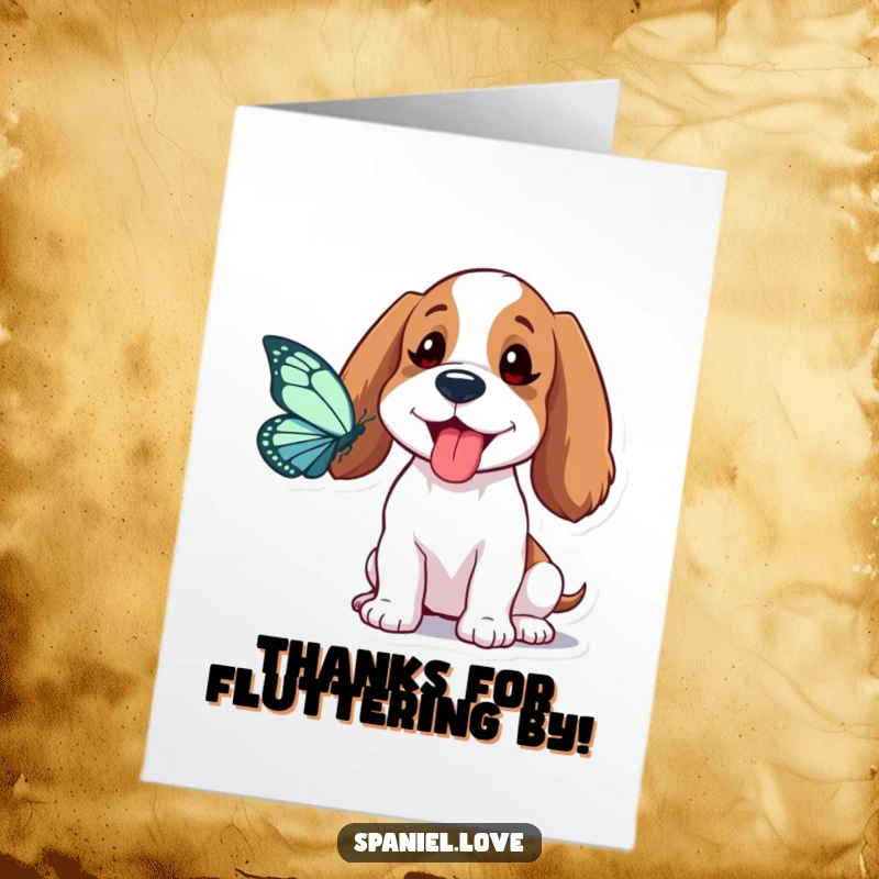 Funny Free Printable Thank You Card: Spaniel focused on catching a butterfly, tongue out in playful effort. Cute and heartfelt.