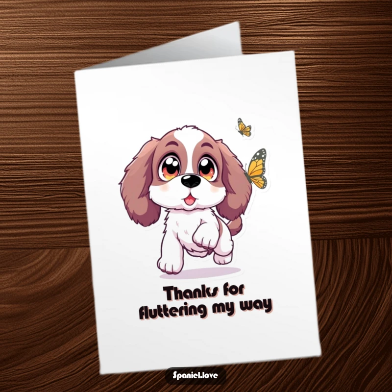 Funny Free Printable Thank You Card: Spaniel leaps joyfully at a butterfly, spreading thanks with this downloadable art.