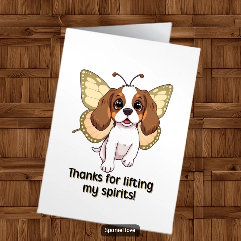 Funny Free Printable Thank You Card: Surprised spaniel enjoys a gentle flight, carried by a huge butterfly.