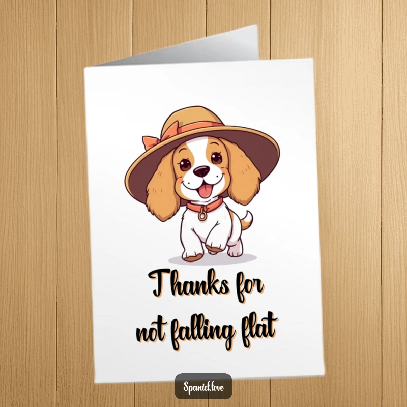 Funny Free Printable Thank You Card: A playful spaniel character comically tripping while wearing an oversized hat, sending thanks with a smile.