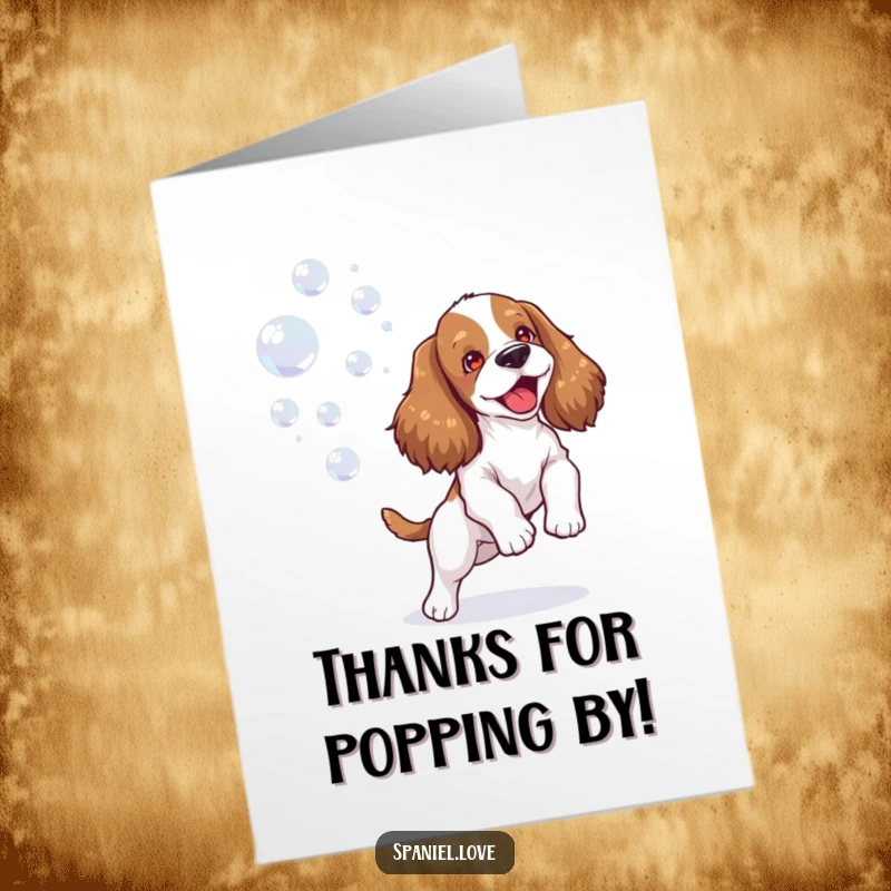 Funny Free Printable Thank You Card: Spaniel joyfully interacts with a stream of floating, iridescent bubbles.