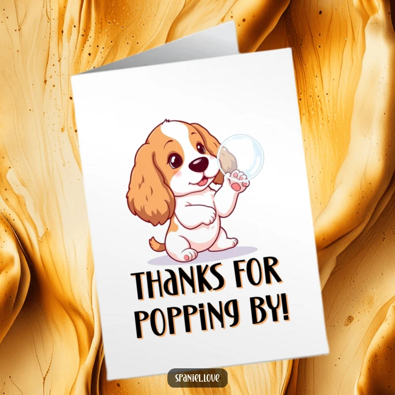Funny Free Printable Thank You Card: A spaniel pup's delighted face as it paws at a floating bubble.