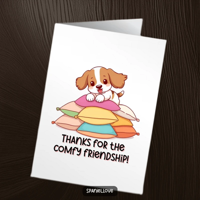 Funny free printable thank you card: A spaniel energetically leaps onto a stack of colorful pillows, showing happy gratitude.