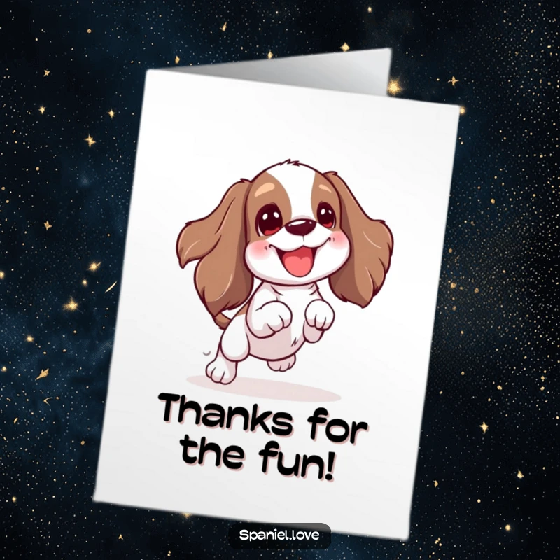 Free Printable Thank You Card: Spaniel wiggling and jumping excitedly, reaching for a toy in thanks.