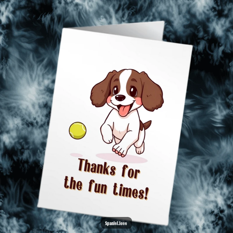 Funny Free Printable Thank You Card: A happily panting spaniel with a lolling tongue chases a bouncing tennis ball.