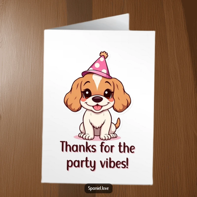 Funny Free Printable Thank You Card: Goofy Spaniel wearing a party hat, offering a huge, thankful grin.