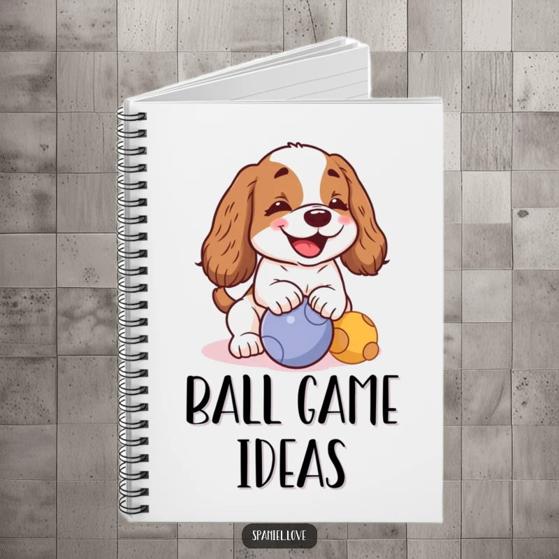 Funny kawaii spaniel barking and nudging a ball on a notebook, ideal for capturing cheerful thoughts and notes.