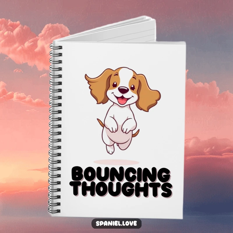 Funny spaniel character happily bouncing with ears flapping in the wind on a notebook cover, for jotting joyful thoughts.