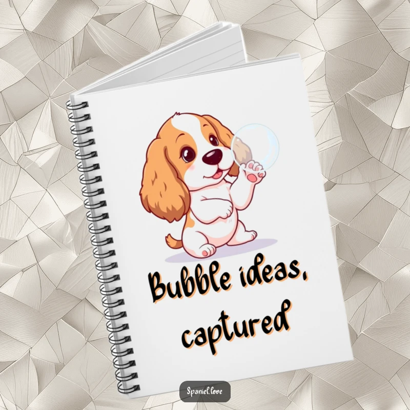 Funny Spaniel pup notebook, pawing at a delicate bubble, perfect for jotting down notes with a touch of puppy charm.