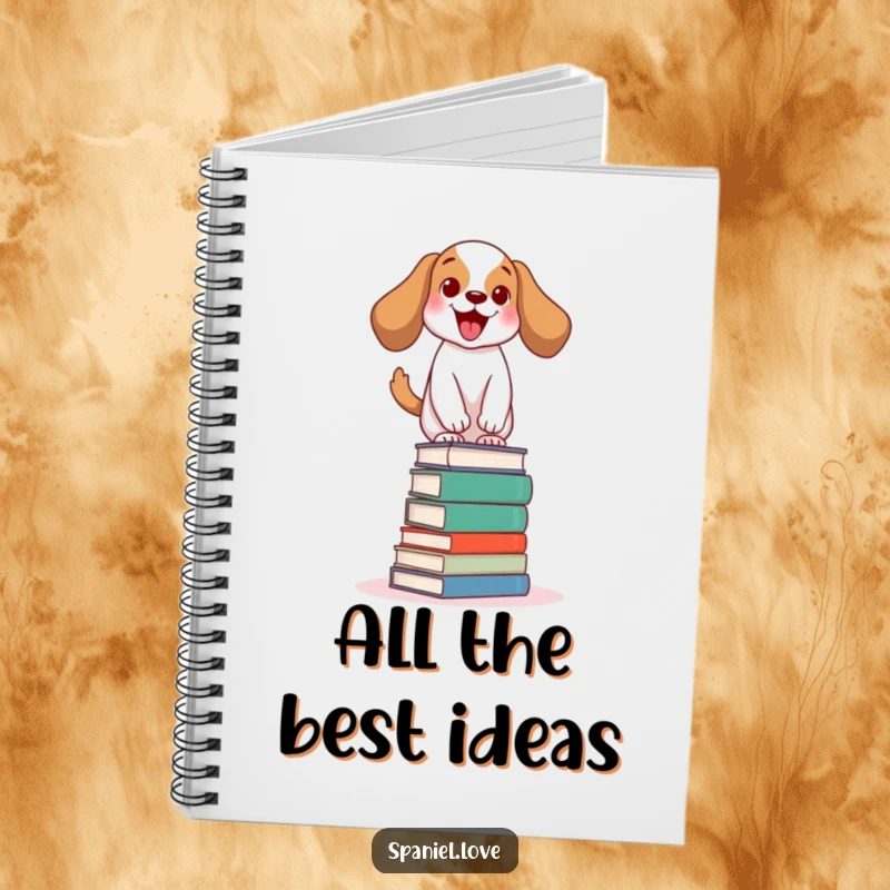 Funny spaniel notebook depicting an excited dog wagging its tail, balancing on a stack of books, ideal for jotting down smart ideas.