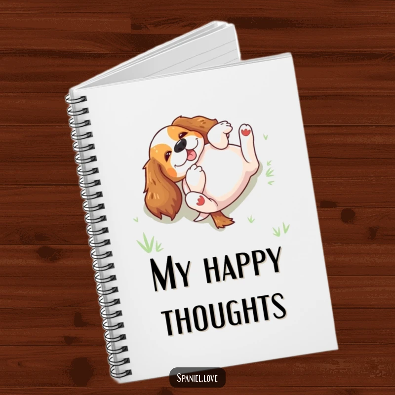 Funny spaniel rolling on its back in grass on a notebook cover, perfect for jotting down happy thoughts and ideas.