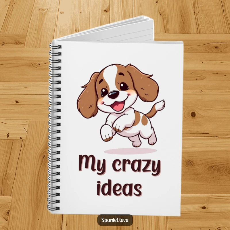 Funny spaniel character happily chasing its tail with a yip, on a notebook cover for jotting down playful thoughts.