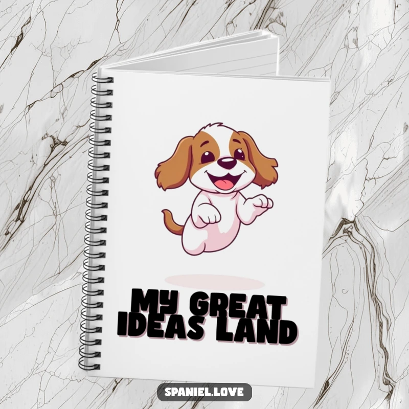 Funny spaniel notebook showcasing a dog’s failed jump and giggle, perfect for notes and humorous ideas.