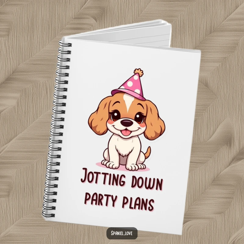Funny Spaniel notebook with a character's goofy grin and party hat, ready for notes. This journal inspires fun and creativity for all your writing tasks.