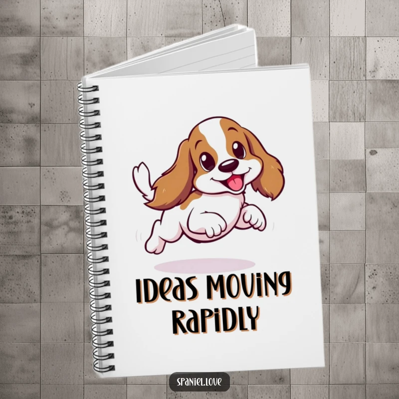 Funny spaniel dog in a sideways scurry, notebook cover, symbolizing energy and quick ideas.