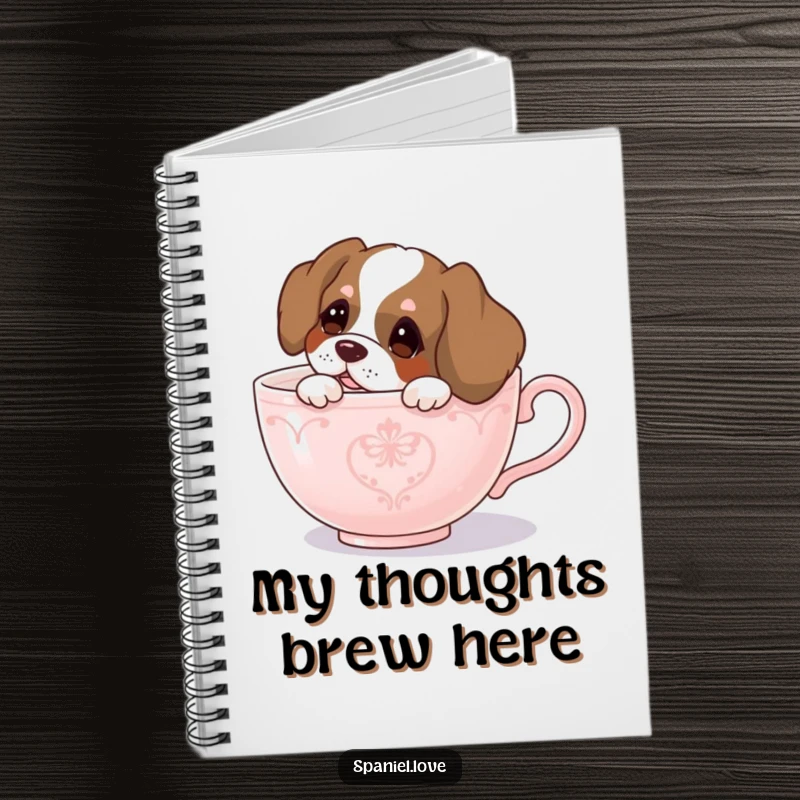 Funny spaniel notebook, a curious dog peeking from a huge teacup, perfect for journaling with personality and charm.