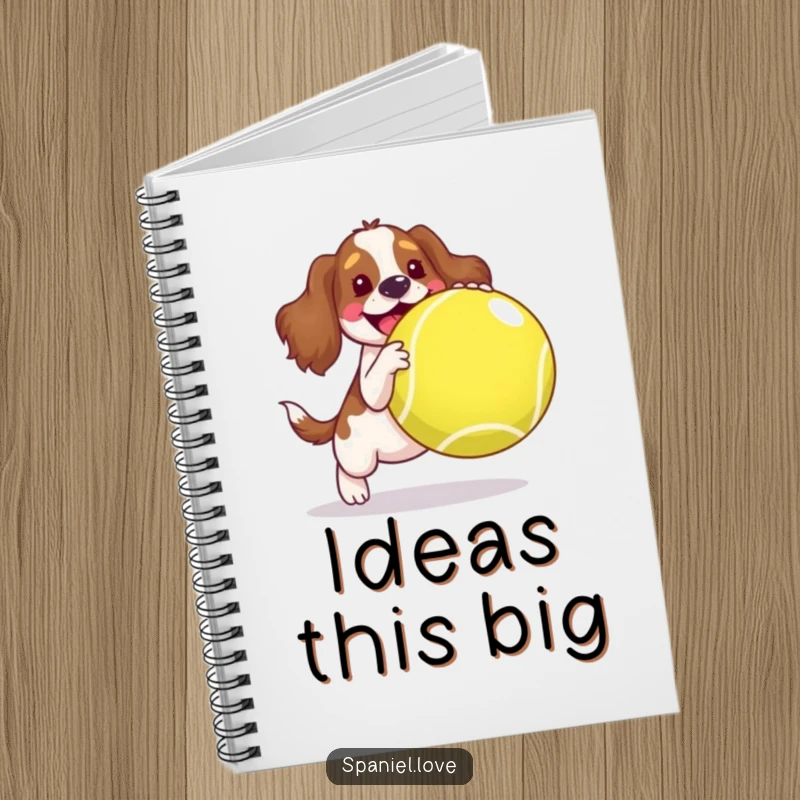 Funny spaniel notebook, a joyful dog happily bouncing a huge tennis ball, perfect for journaling with personality.