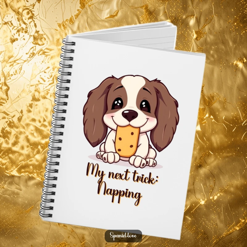 Funny Spaniel Notebook: A spaniel with a silly grin is shown balancing a treat on its nose on the cover.