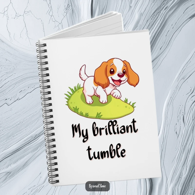 Funny spaniel notebook showcasing a dog joyfully tumbling down a slope, perfect for jotting down happy thoughts.