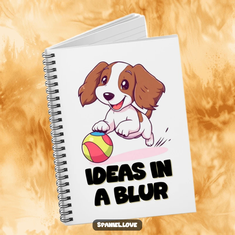 Funny spaniel notebook cover with a cartoon spaniel joyfully chasing a bouncing colorful ball, ears flapping, inspiring happy notes.