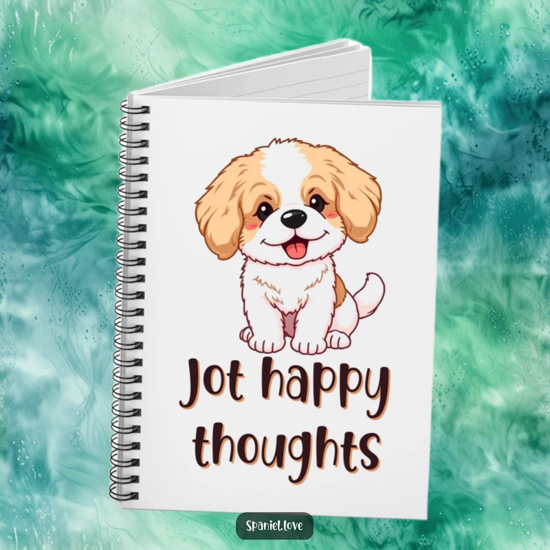 Funny spaniel puppy with large ears and a furiously wagging tail on a notebook cover, designed for happy note-taking.