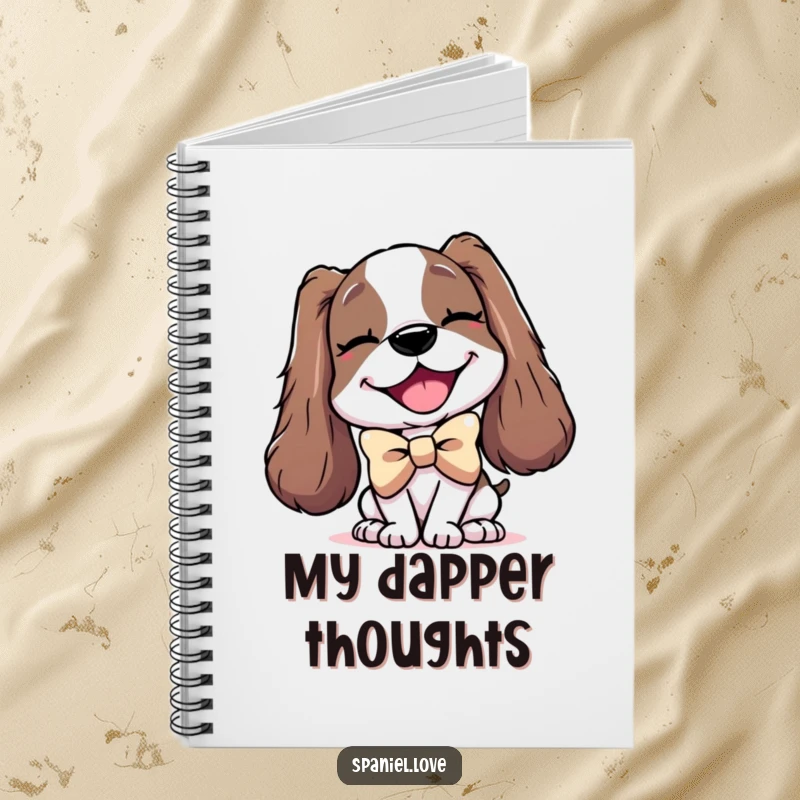 Funny notebook illustrating a delighted spaniel character wearing an enormous bowtie and a charming wink.