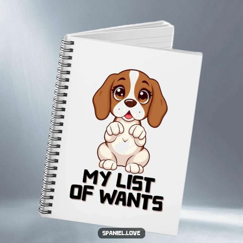 Funny notebook with a spaniel sitting upright with wide, excited eyes and its paws clasped expectantly.