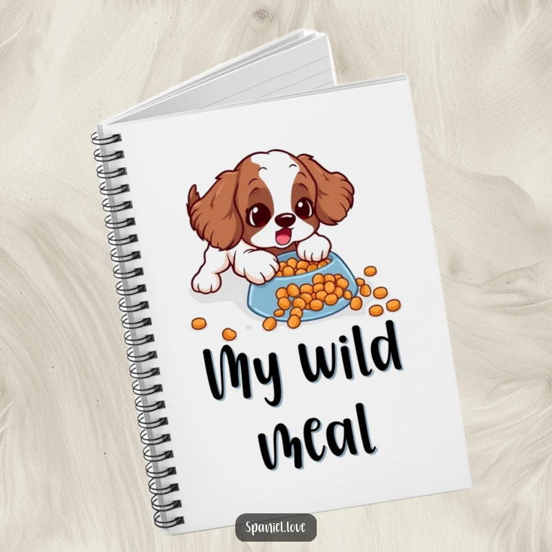 Funny spaniel notebook cover featuring a surprised dog comically sliding on spilled kibble, perfect for humorous note-taking and journaling.