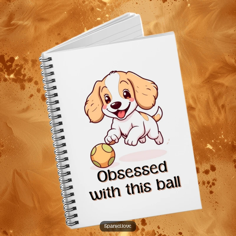 Funny Spaniel notebook with a happy Spaniel character with floppy ears joyfully chasing a bouncing ball, inspiring playful thoughts.