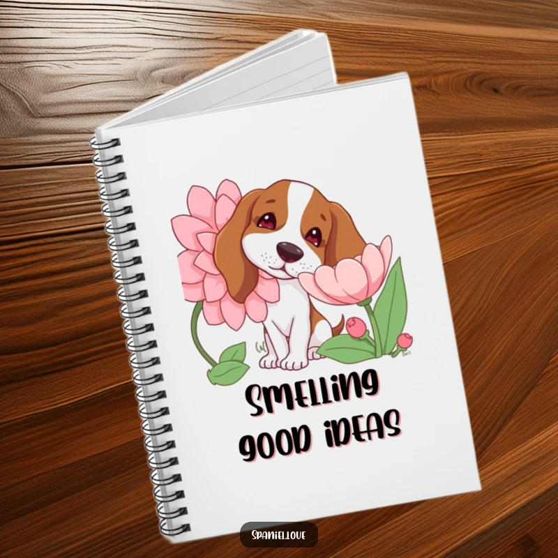 Funny notebook cover with a spaniel dog tilting its head curiously while sniffing a giant blooming flower, ideal for thoughtful notes.