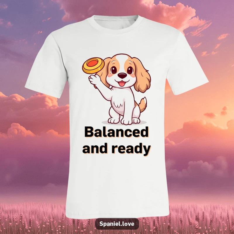 Funny Spaniel dog with one paw raised, balancing a tiny, spinning frisbee on its nose on a t-shirt, showcasing talent.