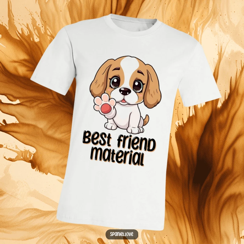 Funny Spaniel t-shirt with a character offering a paw, displaying wide, adoring eyes. This shirt represents loyalty, friendship, and a desire to connect.