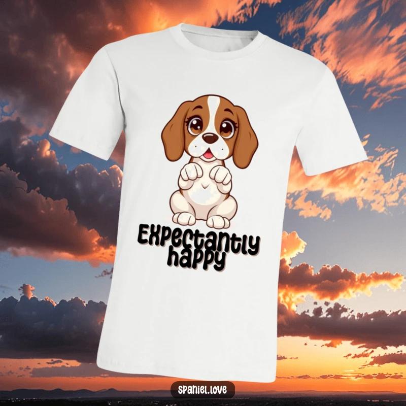 Funny t-shirt depicting a spaniel sitting upright with wide, excited eyes and its paws clasped in hopeful expectation.