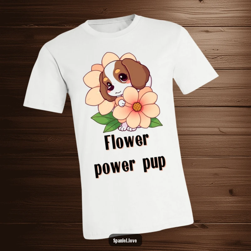 Funny Spaniel t-shirt, wagging tail visible, peeking from behind a large flower, a charming and humorous design.