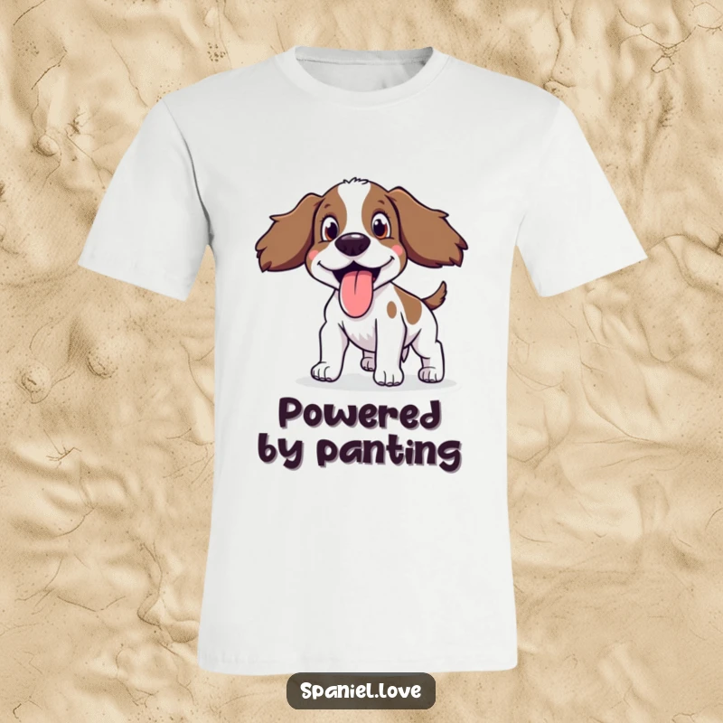 Funny Spaniel T-Shirt featuring a happy spaniel panting with its tongue lolling out after a run.