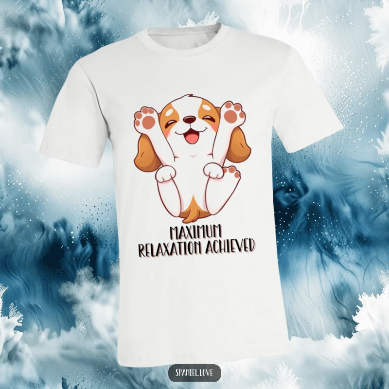 Funny spaniel t-shirt showing a cartoon spaniel playfully rolling onto its back, paws in the air, with a big happy grin.