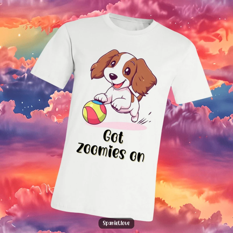 Funny spaniel t-shirt showing a cartoon spaniel joyfully chasing a bouncing colorful ball, ears flapping, celebrating canine energy.