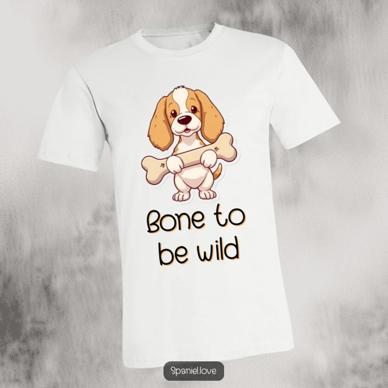 Funny Spaniel T-Shirt: A spaniel with a proud expression carries a comically oversized bone, showcasing its prize.
