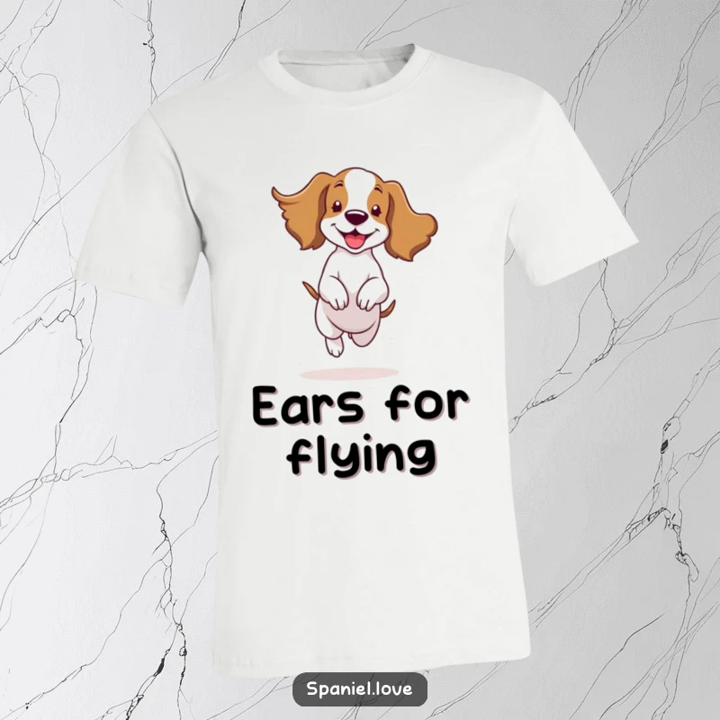 Funny spaniel character in mid-bounce, its large ears flapping freely in the wind, printed on a vibrant t-shirt.